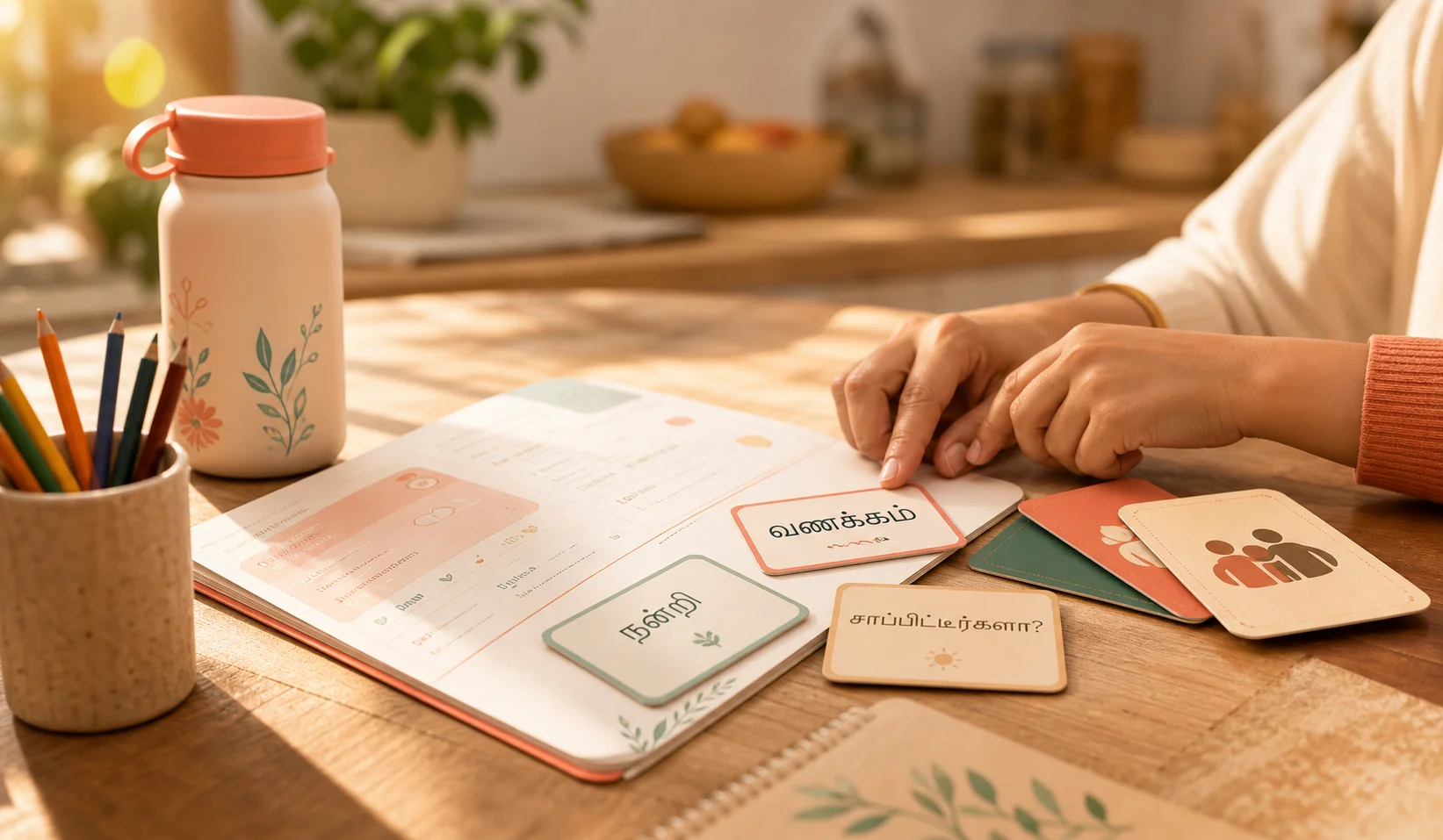 Printed phrase cards and family practice materials on a kitchen table