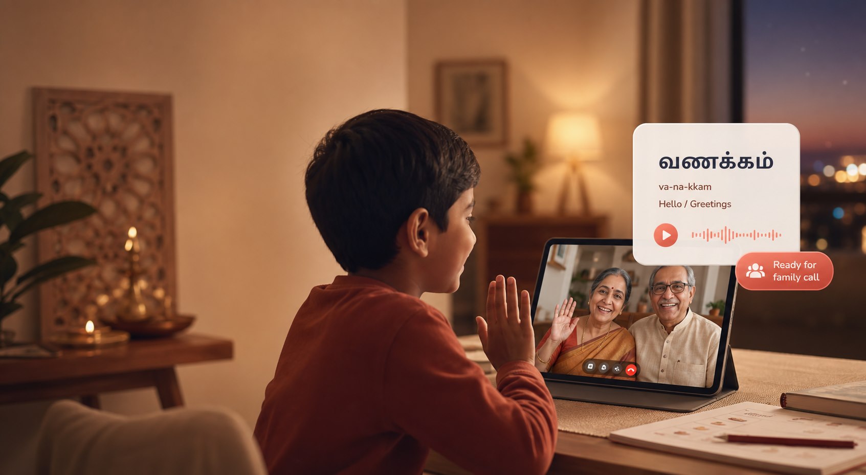 A child practising a heritage language with grandparents on a video call