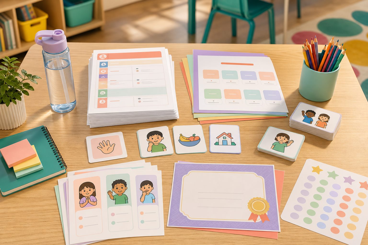 Printable school starter kit resources laid out on a classroom table